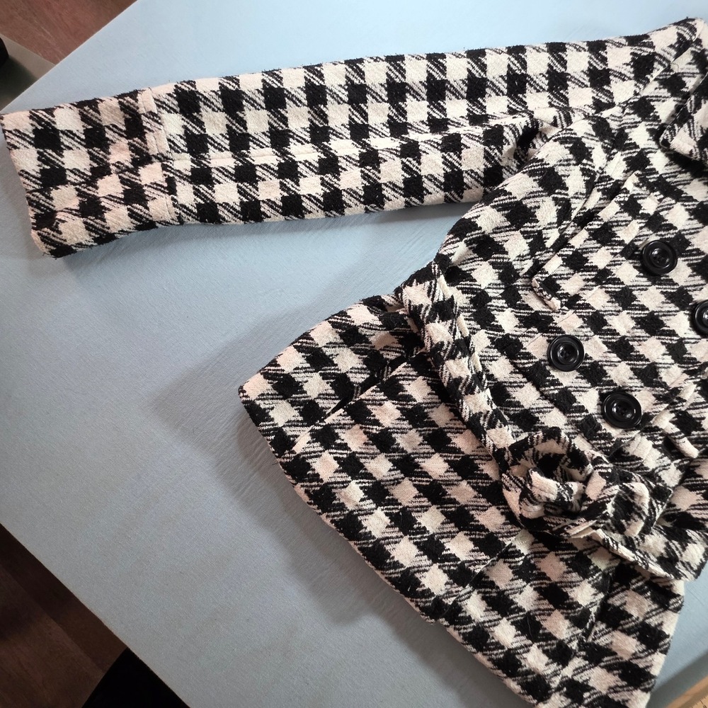 Paris Blues Vintage Houndstooth Peacoat Black White Double Breasted Belted Y2K